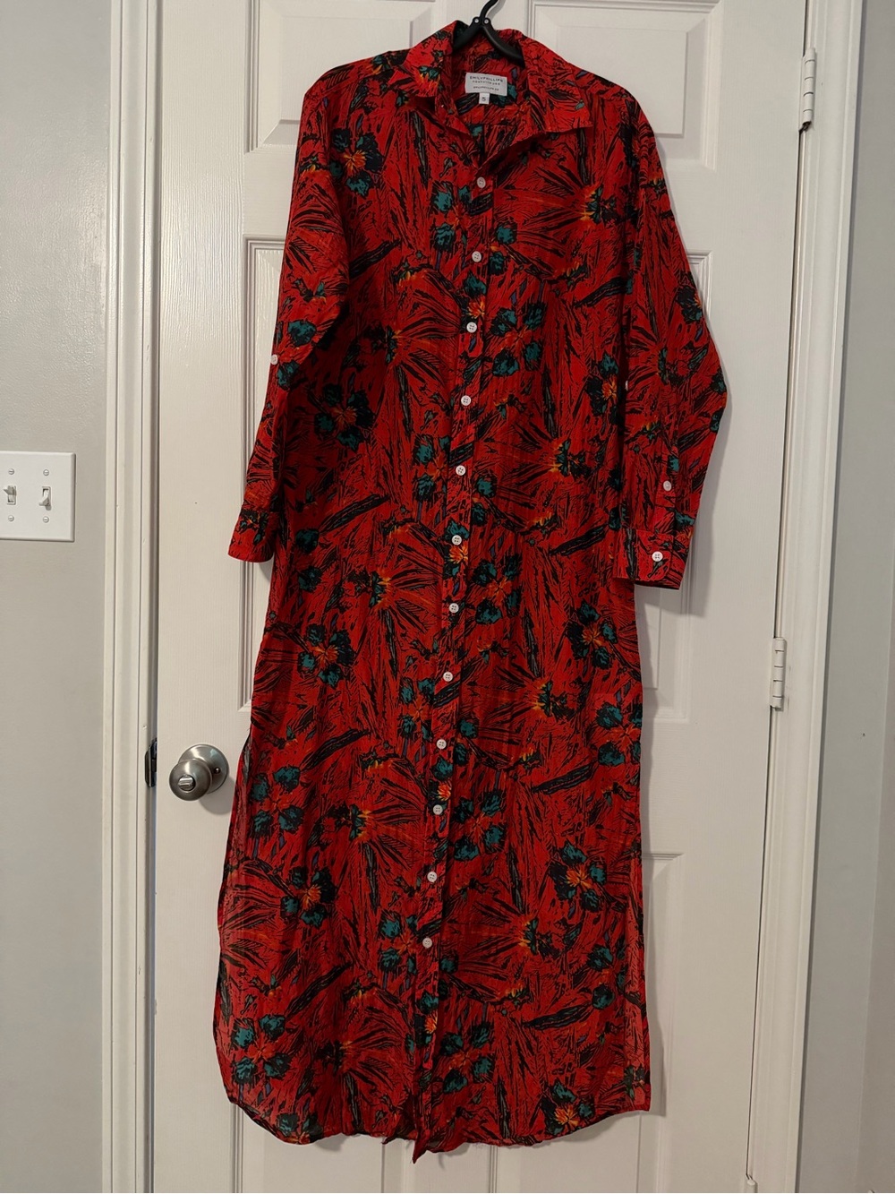 Emily Phillips Long Sleeve Red Floral Button-Front Maxi Dress